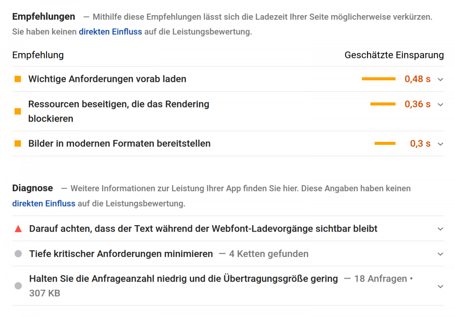 Pagespeed Insights Empfehlungen